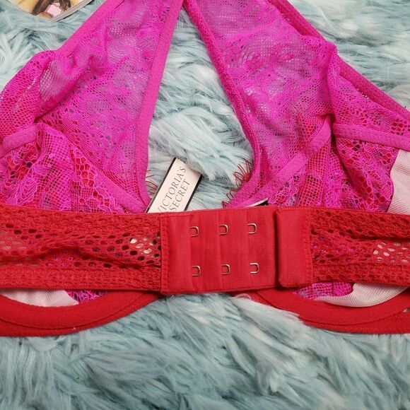 Victoria's Secrets Women's Red Hot Pink Fish Net Unlined Demi Bra 34 C - Picture 4 of 6